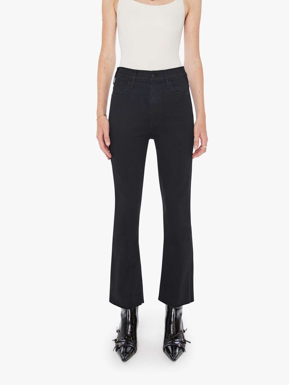 Mother Women's The Hustler Ankle Fray High-Rise Black Flared Jeans Size 30